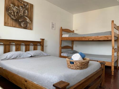 a bedroom with two bunk beds and a basket on the bed at Hotel Cortez Azul in Alajuela City