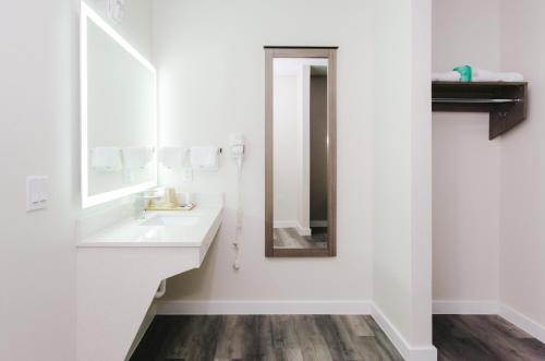 een witte badkamer met een wastafel en een spiegel bij Palace Inn- Louetta in Spring