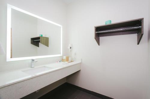 a bathroom with a sink and a large mirror at Palace Inn- Louetta in Spring