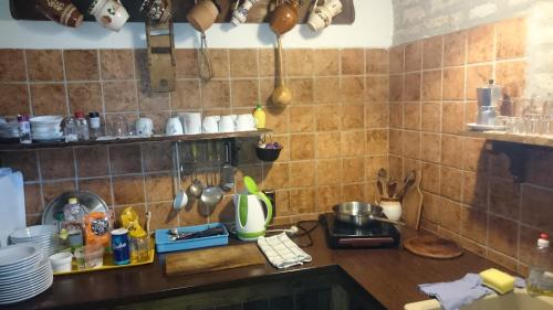 kuchnia z blatem i przyborami kuchennymi w obiekcie Hajóskert Vendégház w mieście Gönyů