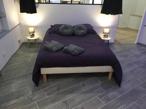 uma cama grande com duas almofadas em cima em Lovely Apartment SPA & Sauna em Bourges