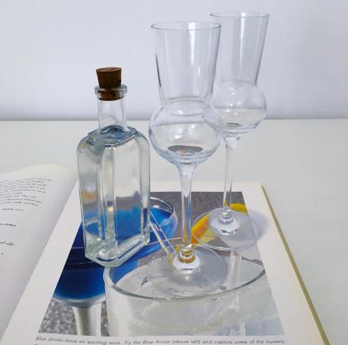 two wine glasses and a bottle on a table at Apartment Auer_Belgrade in Belgrade