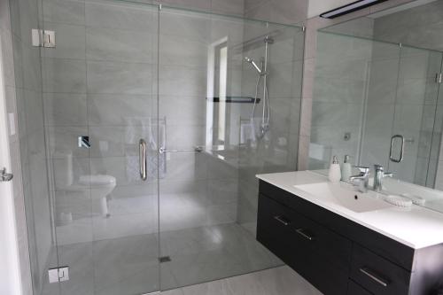 uma casa de banho com uma cabina de duche em vidro com um lavatório e um WC. em Chalet Swen Song em Napier