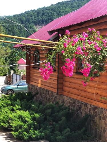 a house with pink flowers on the side of it at Karpatska Mria in Yaremche