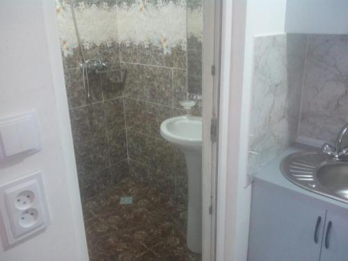 een badkamer met een douche, een wastafel en een toilet bij malu in Koetaisi
