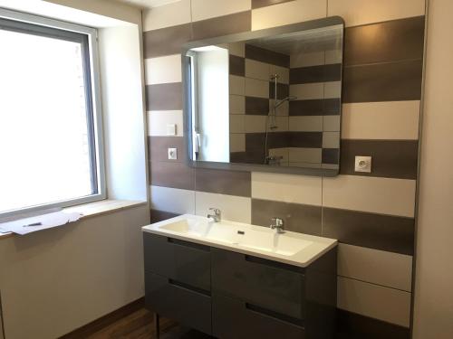 La salle de bains est pourvue d'un lavabo et d'un miroir. dans l'établissement Le petit verger, à Dompierre-les-Tilleuls