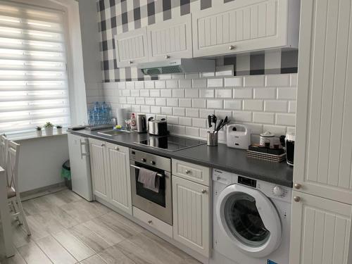 a kitchen with a washer and a washing machine at Mięta Opole in Opole