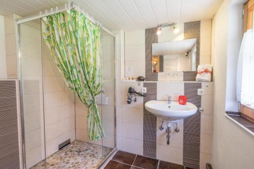 a bathroom with a shower and a sink at Berggasthof Riefenkopf in Oberstdorf