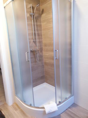 a shower with a glass door in a bathroom at Gościniec Kaszubski Las, Ruda 3 in Bartoszylas
