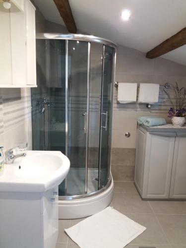a bathroom with a shower and a sink at Apartman Lea in Brodarica