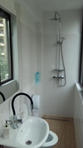 a white bathroom with a sink and a shower at Iancu Apartments in Bucharest