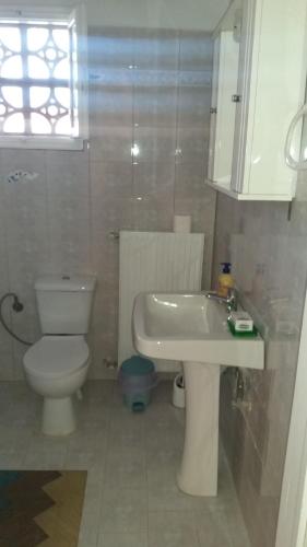 a bathroom with a white sink and a toilet at Pitsinis Apartments II in Roda