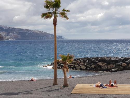 a group of people laying on a beach with palm trees at THE POPPIES Guest House - 100m Ocean - Private Spaces in Candelaria