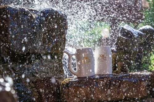 two coffee mugs sitting on a ledge in the rain at СПА-Готель "RESPECT" in Skhidnitsa