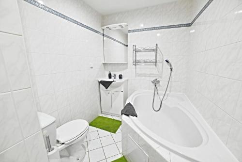 a white bathroom with a toilet and a bath tub at apartmány 2+1 u Klínovce in Kovářská
