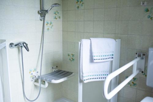a bathroom with a shower with a toilet and a sink at Residenza La Ciasa in Claut