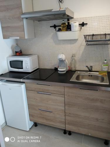 une cuisine avec un évier et un micro-ondes dans l'établissement Studio Sausset les pins, à Sausset-les-Pins