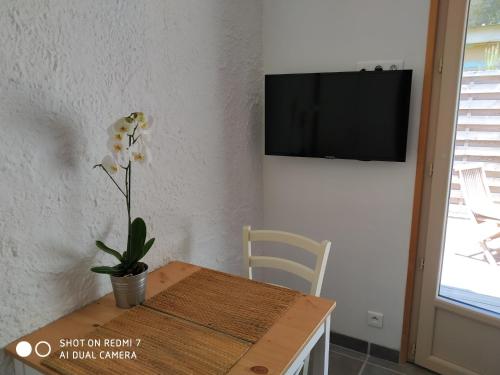 une table à manger avec une fleur dans un vase dans l'établissement Studio Sausset les pins, à Sausset-les-Pins