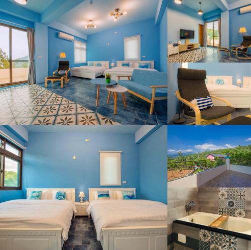 a collage of photos of a hotel room with blue walls at Tongxin Homestay in Puli