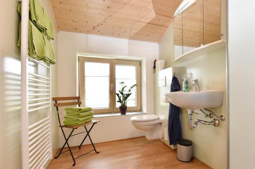 a bathroom with a sink and a toilet and a window at Bauernhof Feurstein in Andelsbuch