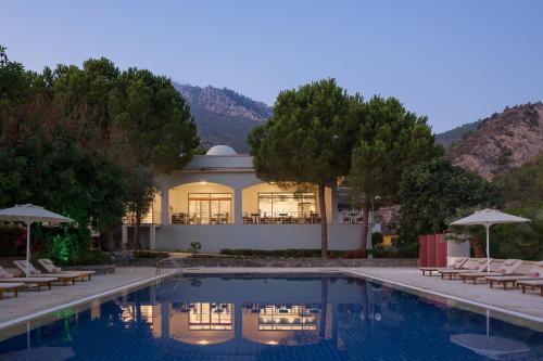 a hotel with a swimming pool in front of a building at Gillham Vineyard Hotel in Temblos