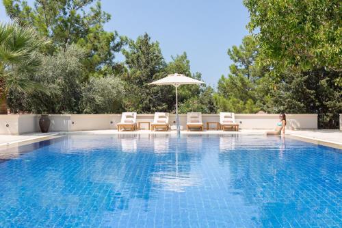 a woman is sitting on the edge of a swimming pool at Gillham Vineyard Hotel in Temblos
