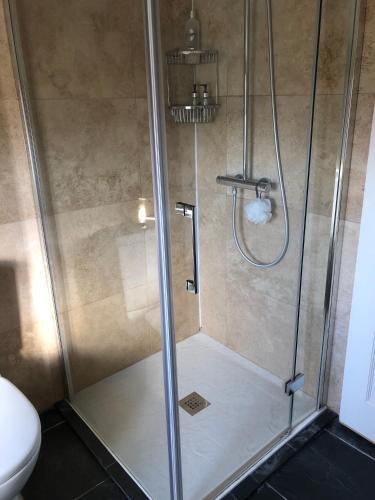 a shower with a glass door in a bathroom at 1 Georges Place Bath in Bath