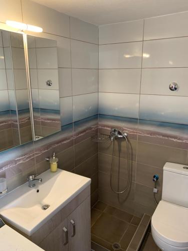 a bathroom with a toilet and a sink and a shower at Acropolis view apartment in Limenas