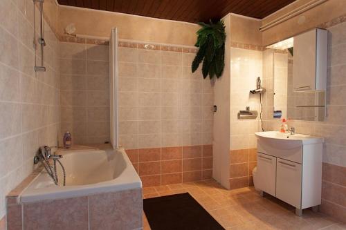 a bathroom with a tub and a sink and a shower at Apartman M&S in Njivice