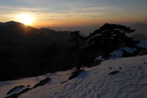 a sunset on a snow covered mountain with a tree at Tana Libera Tutti 1 Nature, Yourself, Love in Viggianello