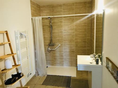 łazienka z prysznicem i umywalką w obiekcie Gîtes des champs & Spa w mieście Bavent