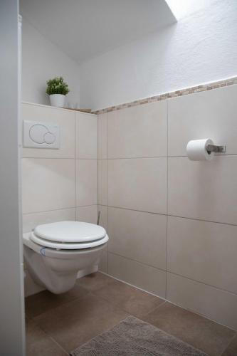 a white bathroom with a toilet and a plant on a shelf at Ferienwohnung Traudl in Inzell