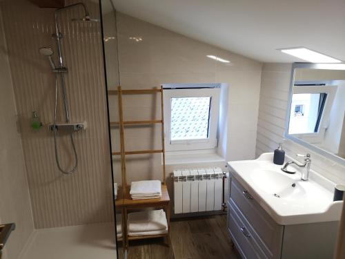 un bagno con lavandino e doccia di Holiday House Red Deer a Preddvor
