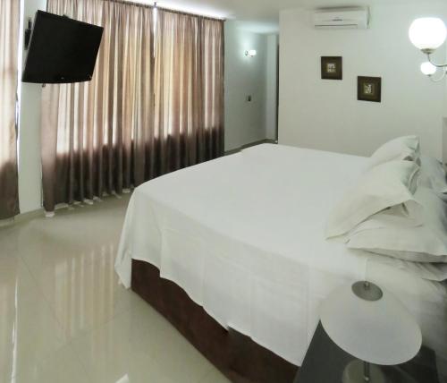 a bedroom with a large white bed and a window at Hotel Estrella Palmira in Palmira