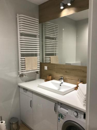 a bathroom with a sink and a washing machine at Apart Prestige Ząbkowska Old Town in Warsaw