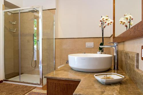 マスカリにあるLe Vignoble Charming Maisonのバスルーム(白いシンク、シャワー付)