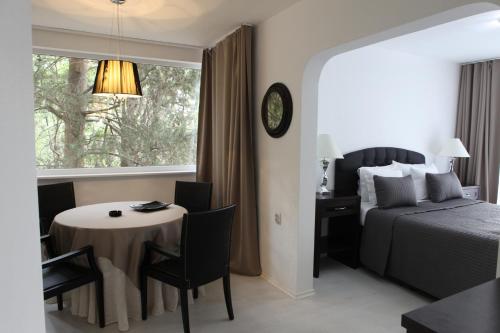 um quarto de hotel com uma mesa e uma cama e uma janela em Hotel Hijata em Stara Zagora