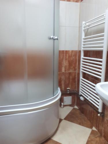 a bathroom with a shower and a toilet and a sink at Victoria 1 in Campina