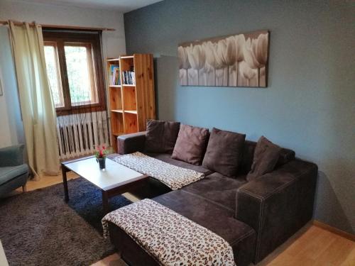 a living room with a brown couch and a table at Schody Do Nieba in Zakopane