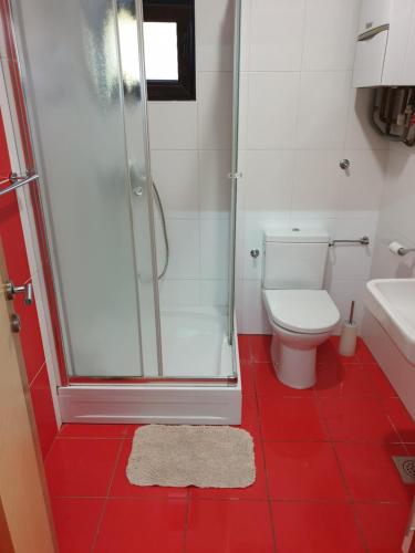a bathroom with a shower and a toilet and red floor at Apartman Max 2 in Biškupec Zelinski