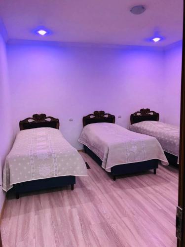 two beds in a room with purple walls at Ana-Maria Bnb in Tatʼev