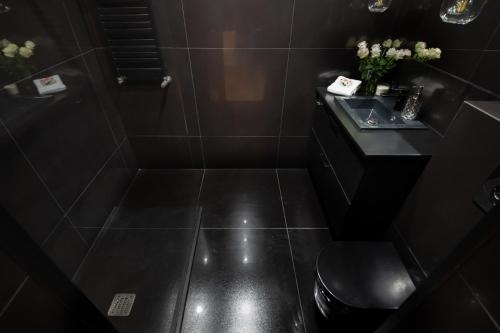 a bathroom with a black tiled shower with a toilet at Jacuzzi Suite in Gdańsk