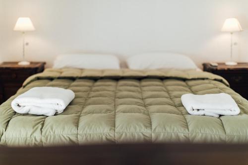 a bed with two white towels on top of it at Hospes - Departamento in San Rafael