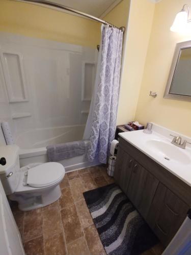 a bathroom with a toilet and a sink and a shower at Lavenia Rose Cottages, Sunrise cottage in Catalina