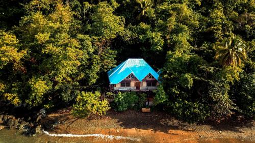 an aerial view of a house with a blue roof at Villa Serena in Santo Domingo