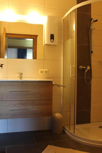 a bathroom with a shower and a sink and a mirror at Apartment-Kraft in Lungötz