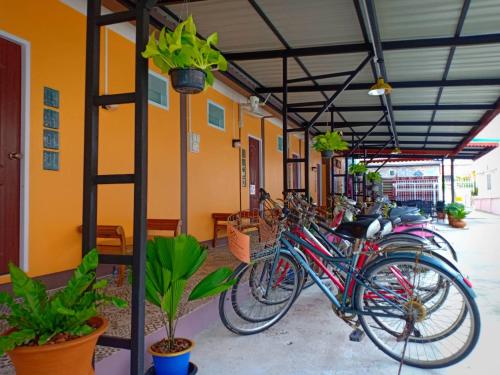 Siri Guesthouse في فرا ناخون سي أيوتثايا: مجموعة من الدراجات متوقفة داخل مبنى
