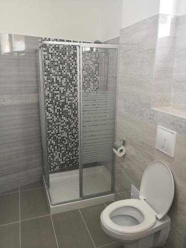 a bathroom with a shower and a toilet in it at Pensiunea Casa Hortopan in Târgu Jiu