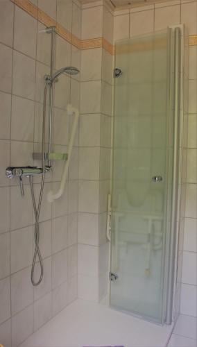 a shower with a glass door in a bathroom at Erholung am Vulkanradweg - 4 Sterne DTV Zertifiziert in Bad Salzschlirf