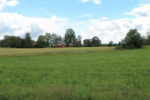 a large green field with a barn in the distance at Drängstugan i Humla in Blidsberg